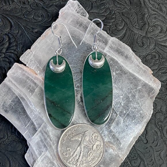 Pyrite Included Green Nephrite Jade and Crescent Moon Earrings Stone Jewelry - Picture 6 of 6
